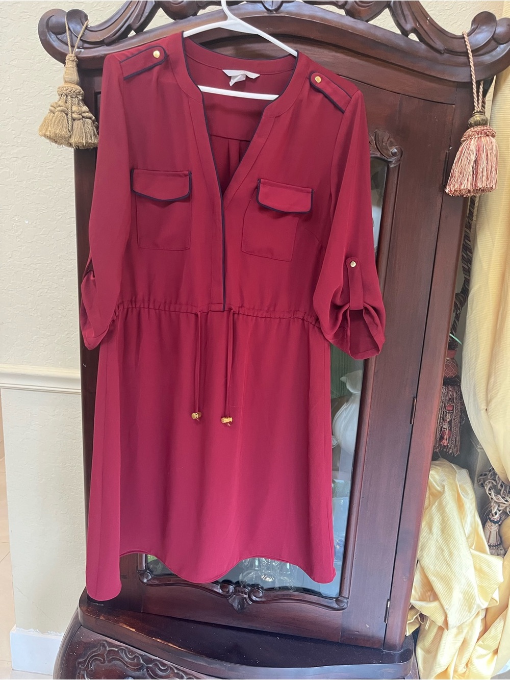 H&M Burgundy Mini Shirt Dress with Gold Buttons